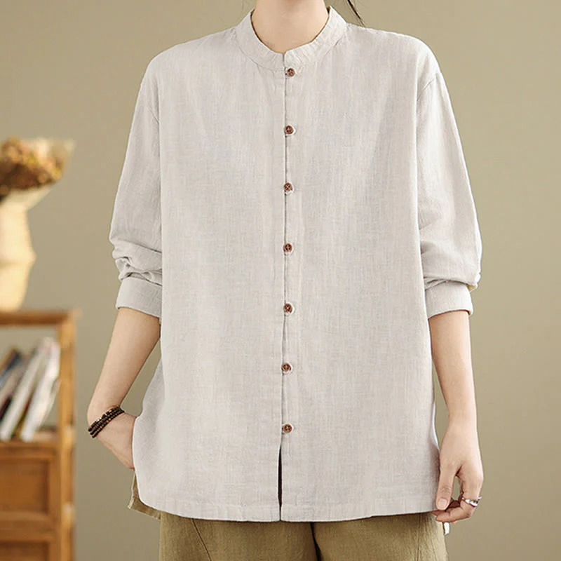 Camicia da donna in cotone e lino a maniche lunghe con bottoni frontali in tinta unita Buddha Stones - Image 5