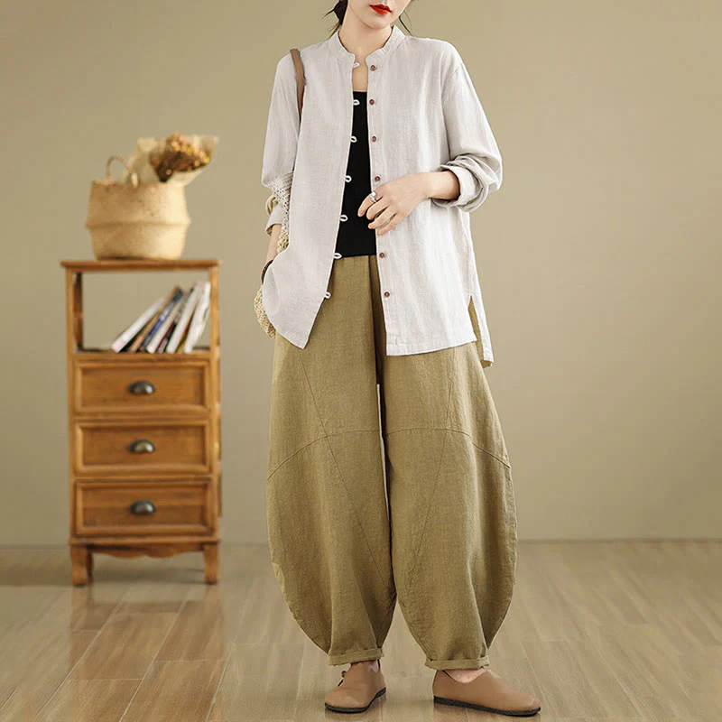 Camicia da donna in cotone e lino a maniche lunghe con bottoni frontali in tinta unita Buddha Stones - Image 6