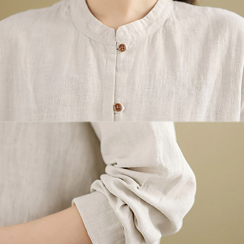 Camicia da donna in cotone e lino a maniche lunghe con bottoni frontali in tinta unita Buddha Stones - Image 7