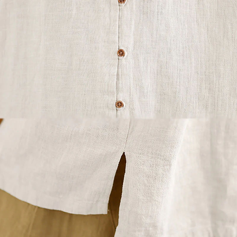 Camicia da donna in cotone e lino a maniche lunghe con bottoni frontali in tinta unita Buddha Stones - Image 8