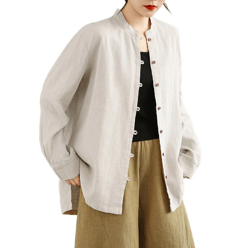 Camicia da donna in cotone e lino a maniche lunghe con bottoni frontali in tinta unita Buddha Stones - Image 9