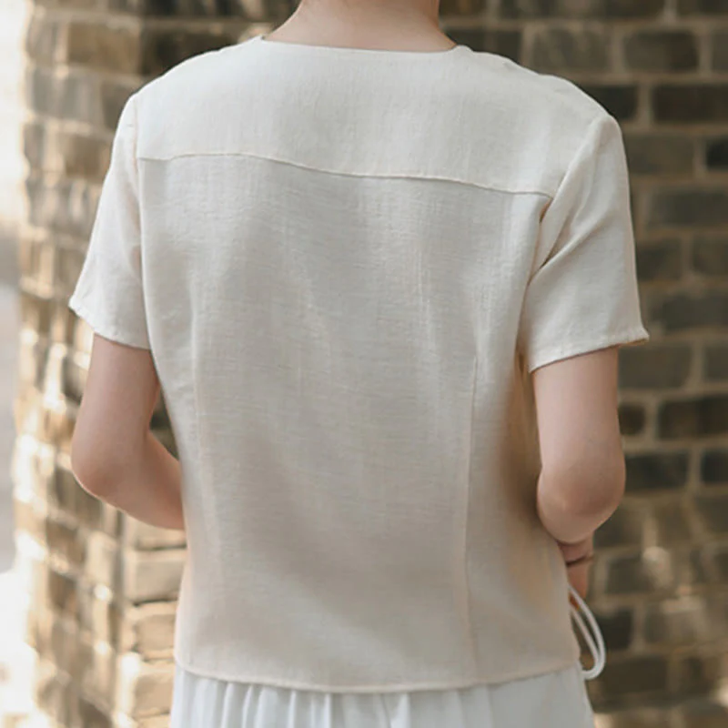 Camicia da donna a maniche corte in cotone e lino con scollo a V, motivo irregolare con bottoni Buddha Stones - Image 15