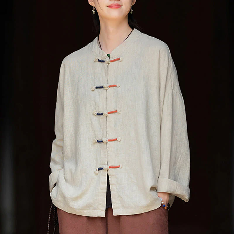 Camicia da donna in lino ramiè a maniche lunghe con bottoni a rana e tinta unita , Buddha Stones