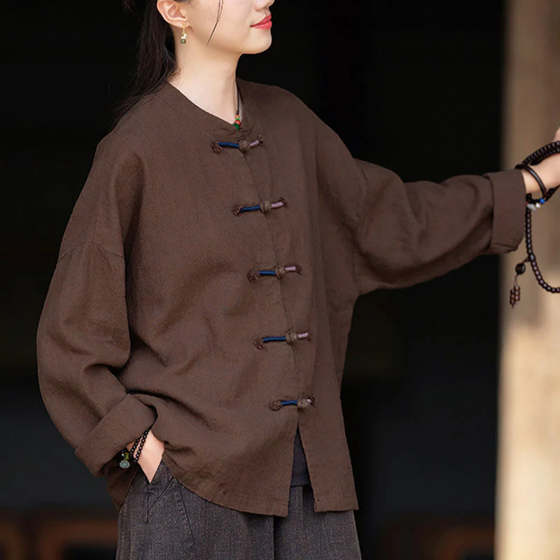 Camicia da donna in lino ramiè a maniche lunghe con bottoni a rana e tinta unita , Buddha Stones - Image 12