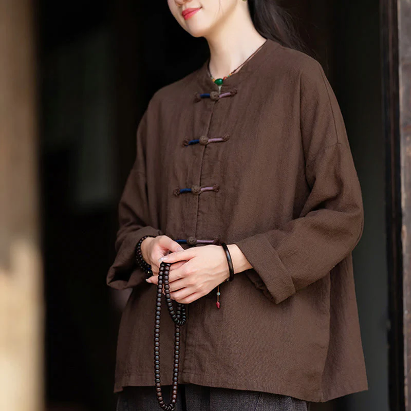Camicia da donna in lino ramiè a maniche lunghe con bottoni a rana e tinta unita , Buddha Stones - Image 15