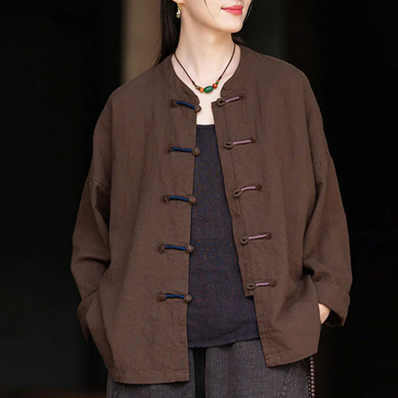 Camicia da donna in lino ramiè a maniche lunghe con bottoni a rana e tinta unita , Buddha Stones - Image 19