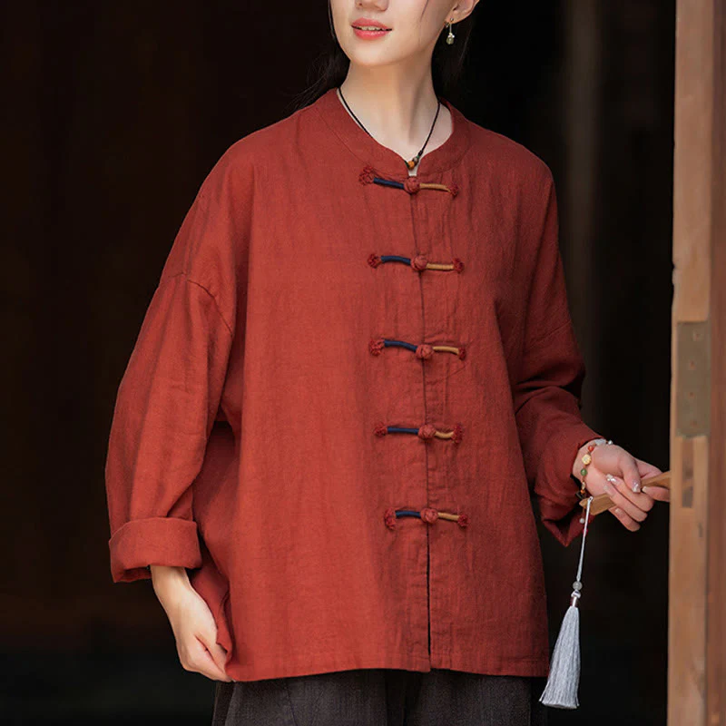 Camicia da donna in lino ramiè a maniche lunghe con bottoni a rana e tinta unita , Buddha Stones - Image 24