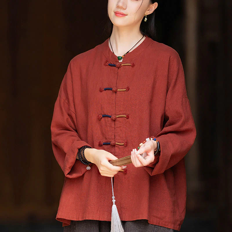 Camicia da donna in lino ramiè a maniche lunghe con bottoni a rana e tinta unita , Buddha Stones - Image 26