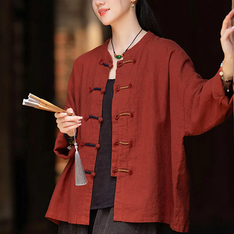 Camicia da donna in lino ramiè a maniche lunghe con bottoni a rana e tinta unita , Buddha Stones - Image 28