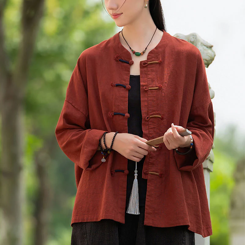 Camicia da donna in lino ramiè a maniche lunghe con bottoni a rana e tinta unita , Buddha Stones - Image 29