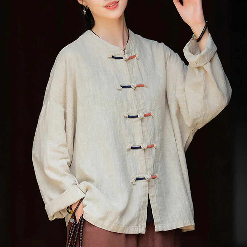 Camicia da donna in lino ramiè a maniche lunghe con bottoni a rana e tinta unita , Buddha Stones - Image 4