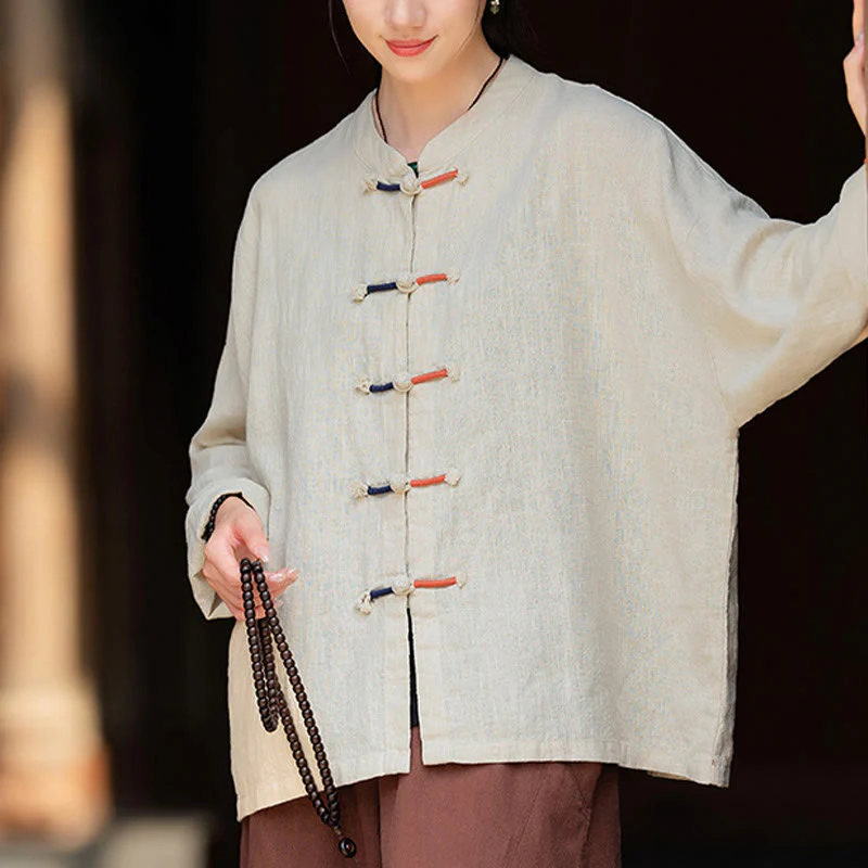 Camicia da donna in lino ramiè a maniche lunghe con bottoni a rana e tinta unita , Buddha Stones - Image 7