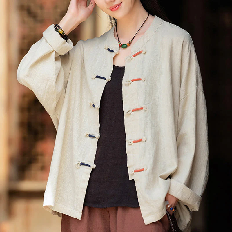 Camicia da donna in lino ramiè a maniche lunghe con bottoni a rana e tinta unita , Buddha Stones - Image 8