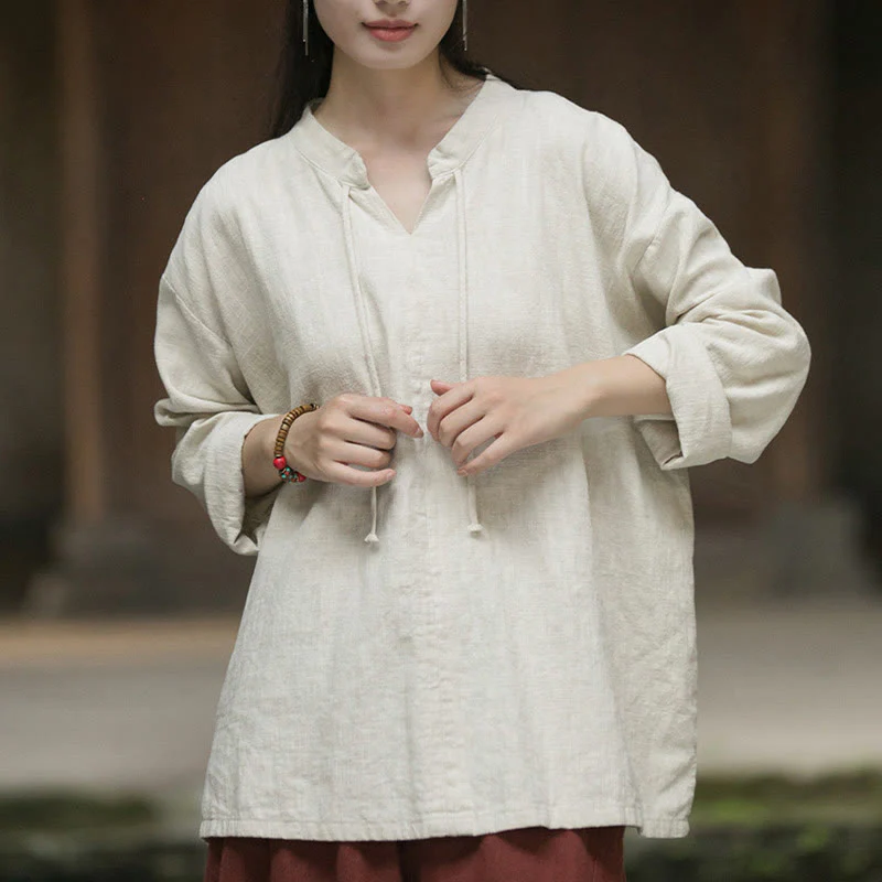 Camicia da donna in lino ramiè a maniche lunghe, stile retrò, tinta unita, motivo Buddha Stones - Image 12