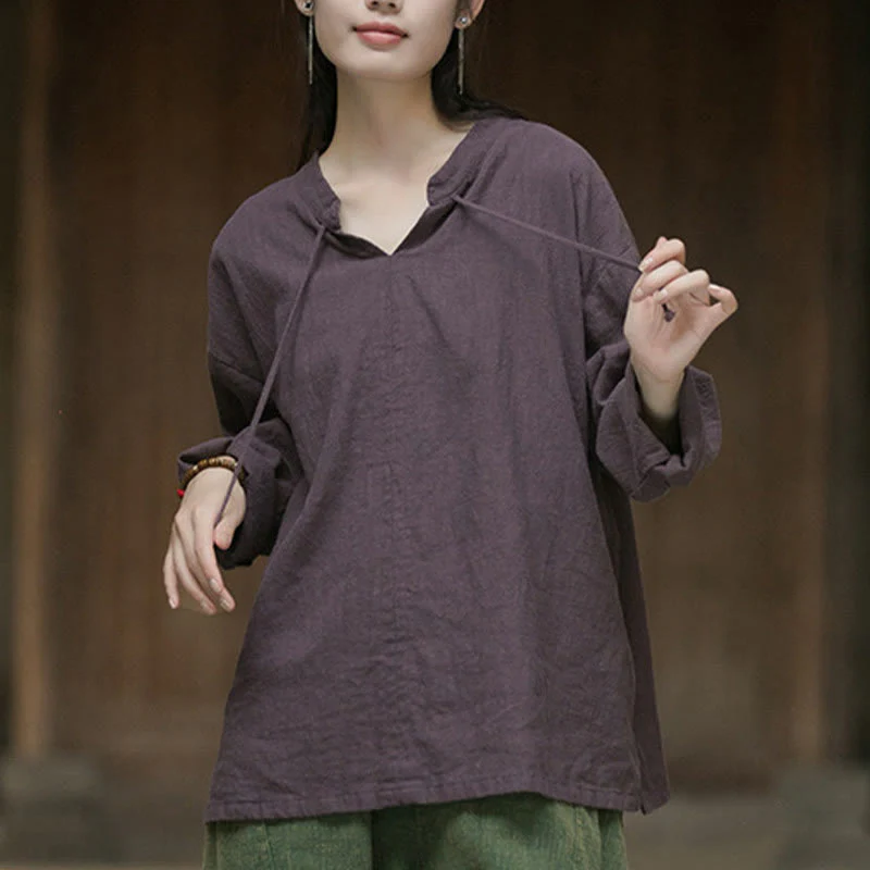 Camicia da donna in lino ramiè a maniche lunghe, stile retrò, tinta unita, motivo Buddha Stones - Image 22
