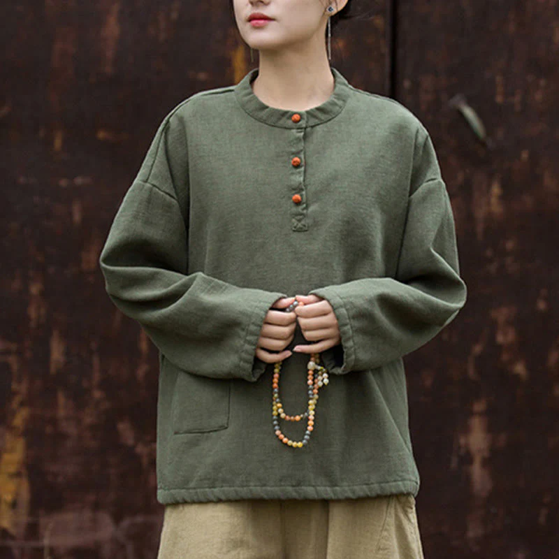 Camicia da donna in lino ramiè a maniche lunghe, termica, retrò, tinta unita, Buddha Stones - Image 10