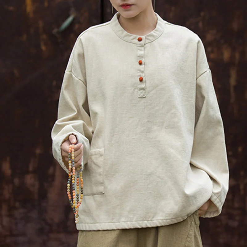Camicia da donna in lino ramiè a maniche lunghe, termica, retrò, tinta unita, Buddha Stones - Image 2