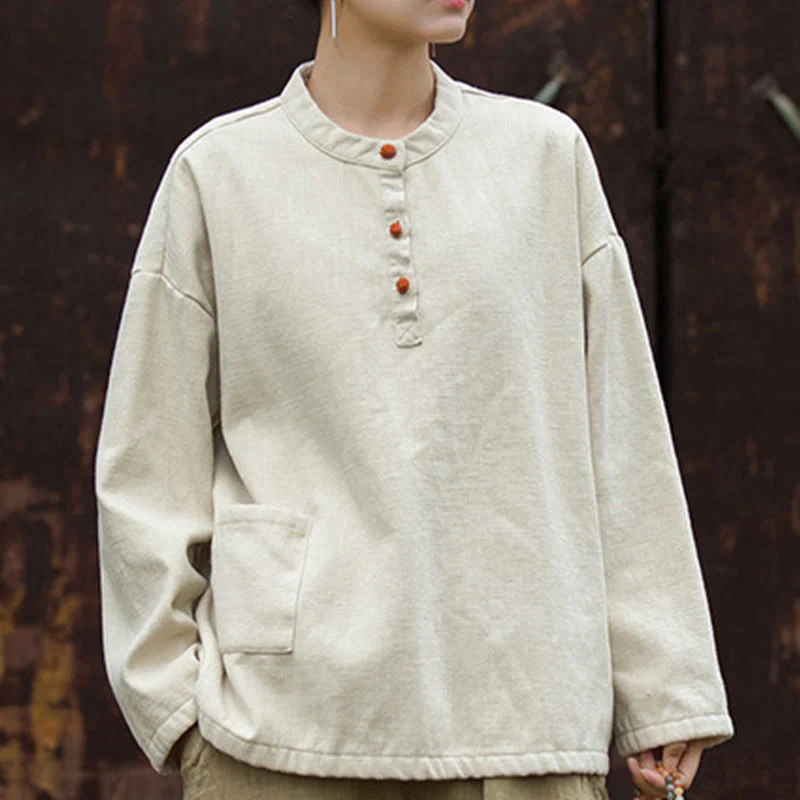 Camicia da donna in lino ramiè a maniche lunghe, termica, retrò, tinta unita, Buddha Stones - Image 3