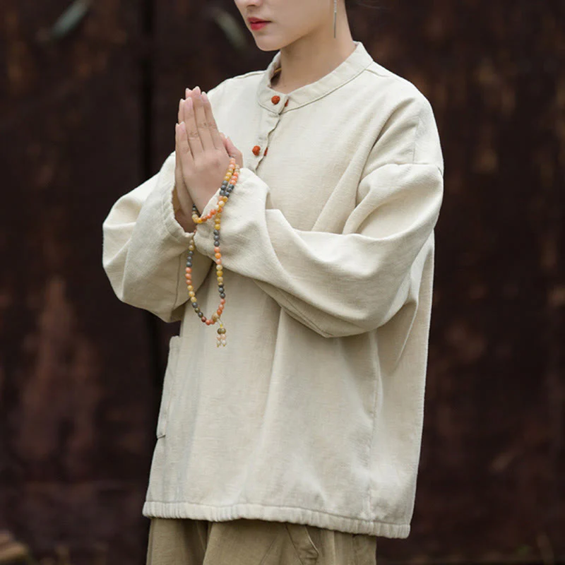 Camicia da donna in lino ramiè a maniche lunghe, termica, retrò, tinta unita, Buddha Stones - Image 4