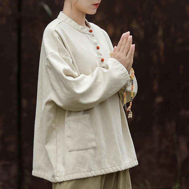 Camicia da donna in lino ramiè a maniche lunghe, termica, retrò, tinta unita, Buddha Stones - Image 7
