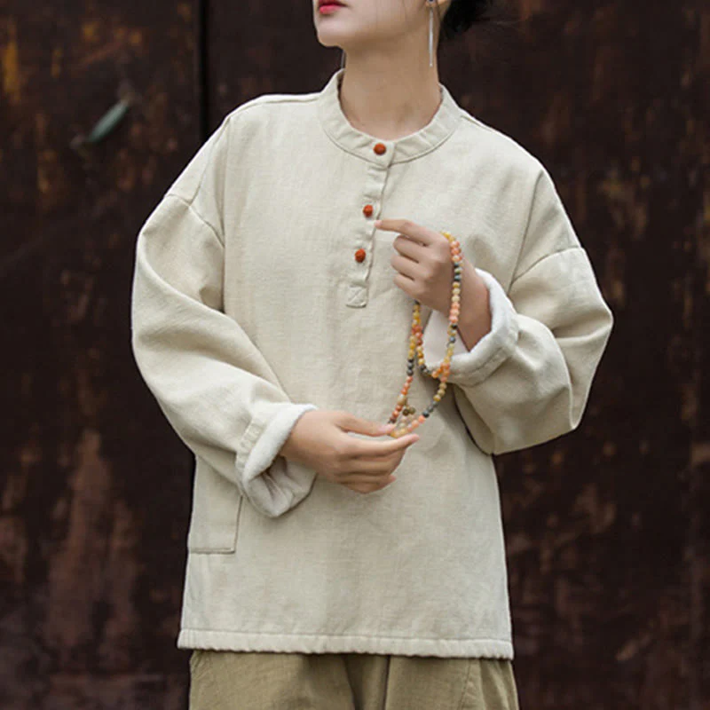 Camicia da donna in lino ramiè a maniche lunghe, termica, retrò, tinta unita, Buddha Stones - Image 8