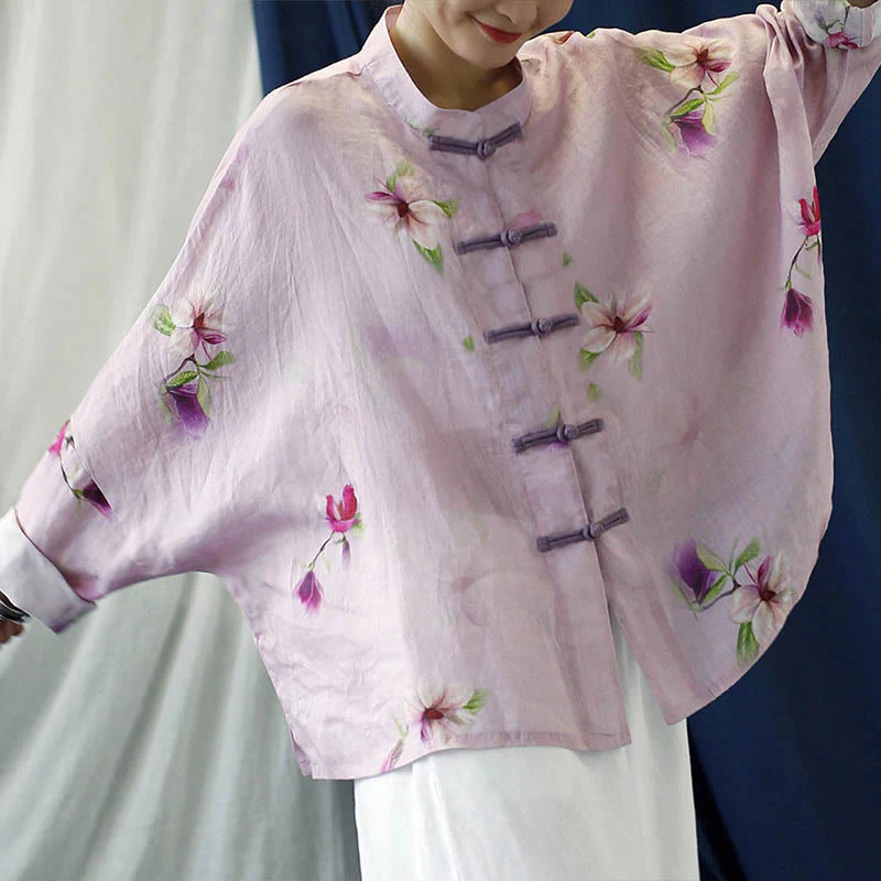 Camicia da giacca in lino ramiè a maniche lunghe con stampa a fiori rosa Buddha Stones Frog-button Design Batwing - Image 10