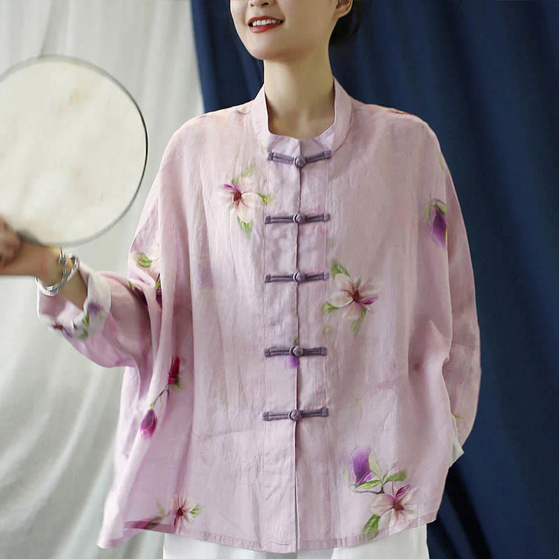 Camicia da giacca in lino ramiè a maniche lunghe con stampa a fiori rosa Buddha Stones Frog-button Design Batwing - Image 11