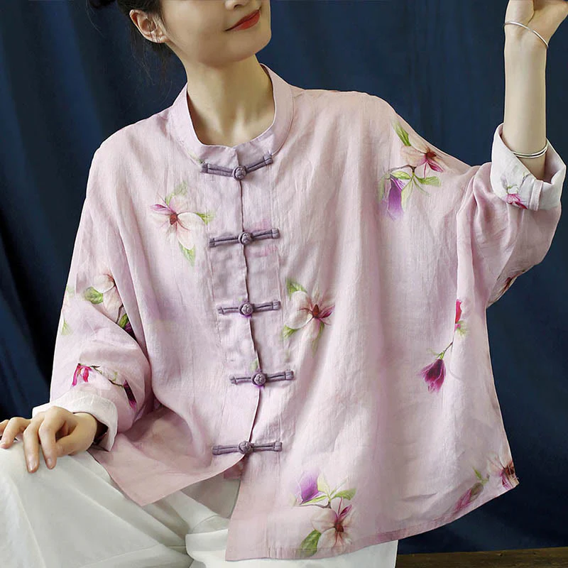 Camicia da giacca in lino ramiè a maniche lunghe con stampa a fiori rosa Buddha Stones Frog-button Design Batwing - Image 12
