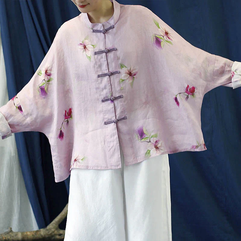 Camicia da giacca in lino ramiè a maniche lunghe con stampa a fiori rosa Buddha Stones Frog-button Design Batwing - Image 13