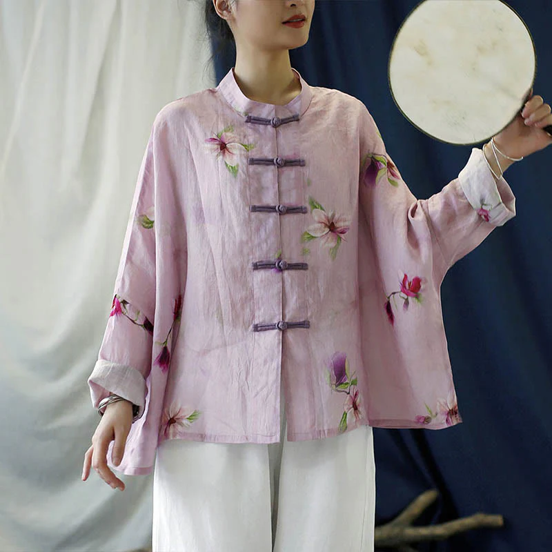 Camicia da giacca in lino ramiè a maniche lunghe con stampa a fiori rosa Buddha Stones Frog-button Design Batwing - Image 14