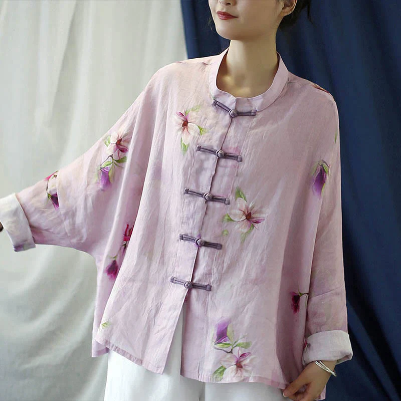 Camicia da giacca in lino ramiè a maniche lunghe con stampa a fiori rosa Buddha Stones Frog-button Design Batwing - Image 15