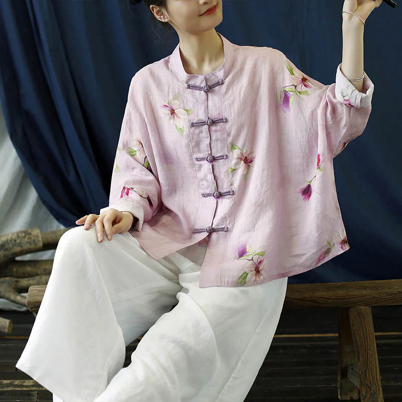 Camicia da giacca in lino ramiè a maniche lunghe con stampa a fiori rosa Buddha Stones Frog-button Design Batwing - Image 16