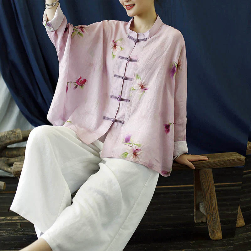 Camicia da giacca in lino ramiè a maniche lunghe con stampa a fiori rosa Buddha Stones Frog-button Design Batwing - Image 17
