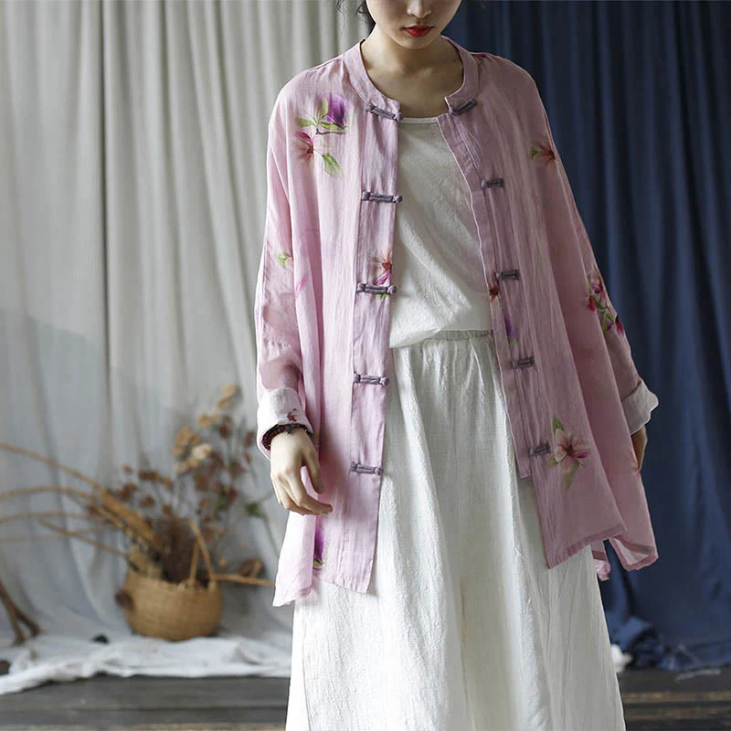 Camicia da giacca in lino ramiè a maniche lunghe con stampa a fiori rosa Buddha Stones Frog-button Design Batwing - Image 18