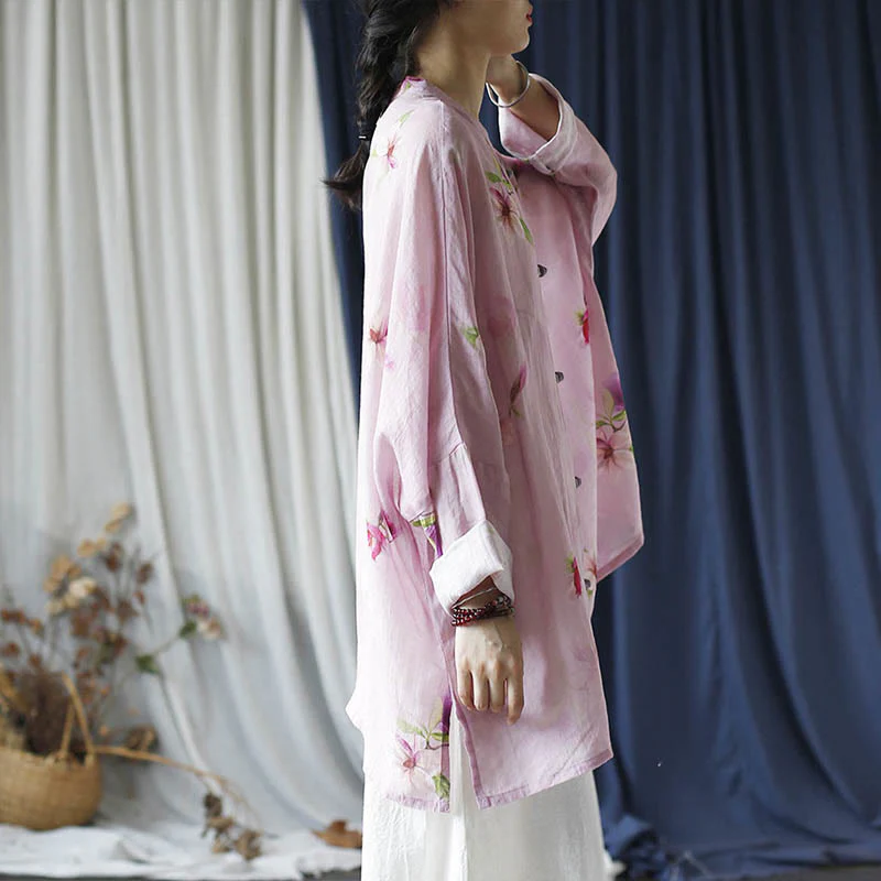 Camicia da giacca in lino ramiè a maniche lunghe con stampa a fiori rosa Buddha Stones Frog-button Design Batwing - Image 19