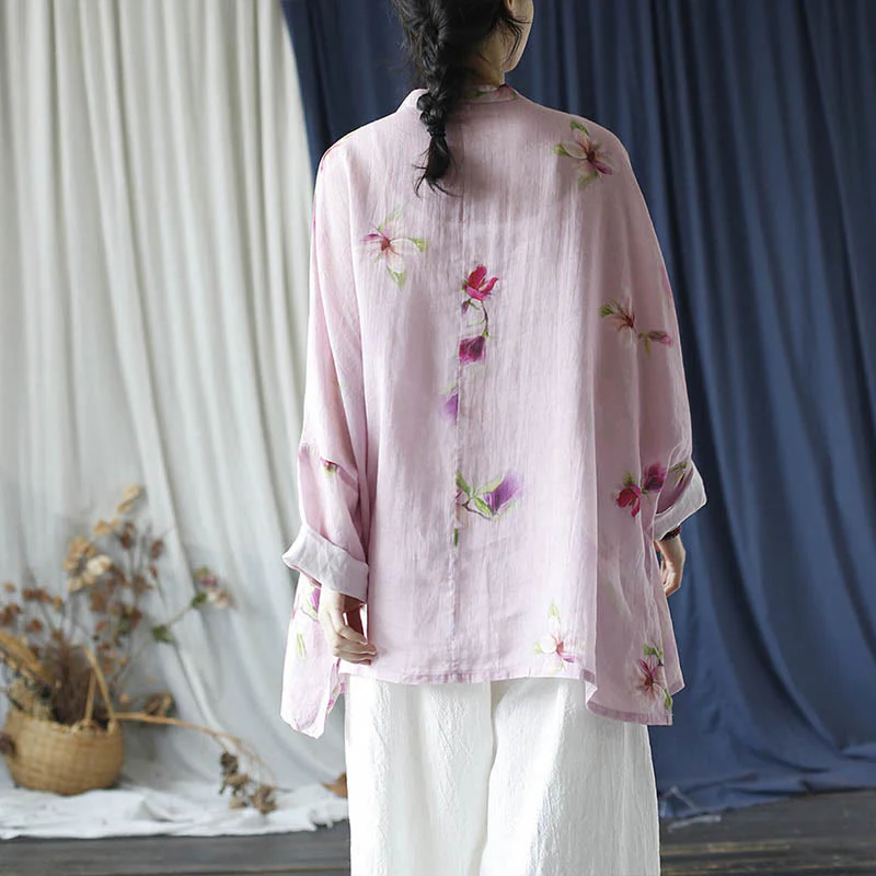 Camicia da giacca in lino ramiè a maniche lunghe con stampa a fiori rosa Buddha Stones Frog-button Design Batwing - Image 20