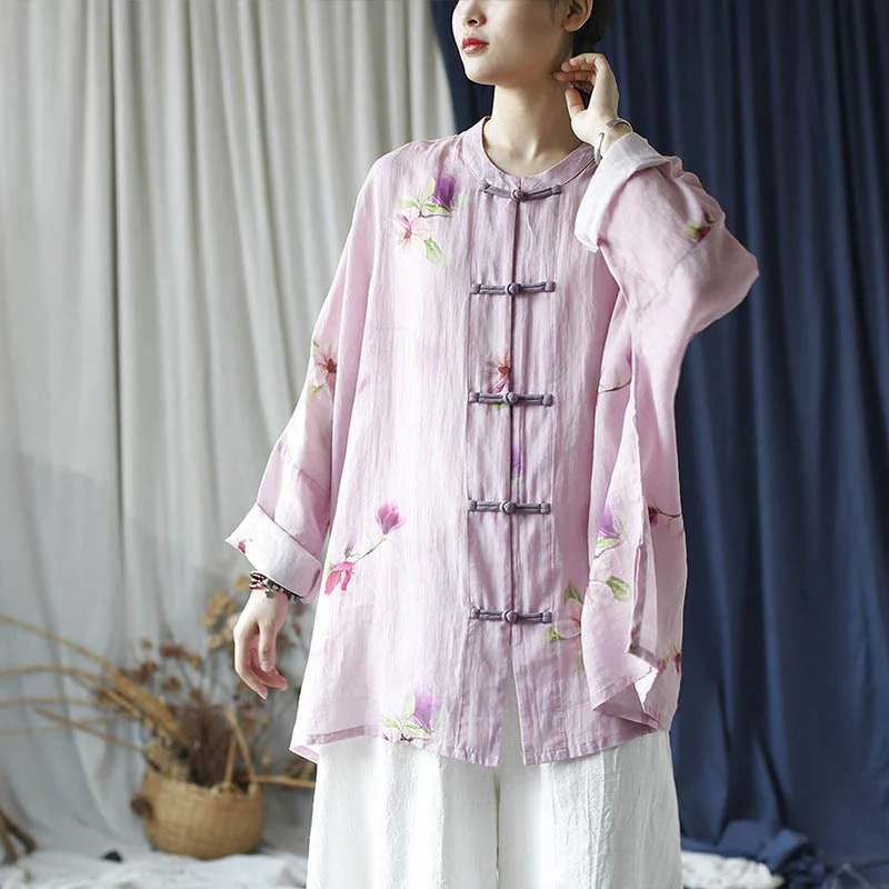 Camicia da giacca in lino ramiè a maniche lunghe con stampa a fiori rosa Buddha Stones Frog-button Design Batwing - Image 21