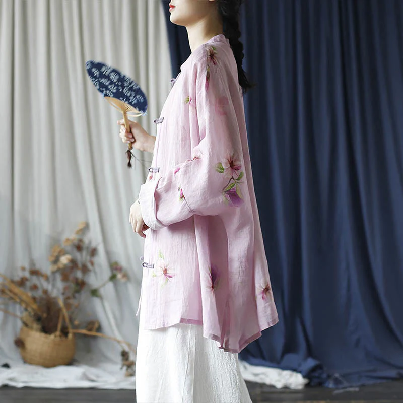 Camicia da giacca in lino ramiè a maniche lunghe con stampa a fiori rosa Buddha Stones Frog-button Design Batwing - Image 22