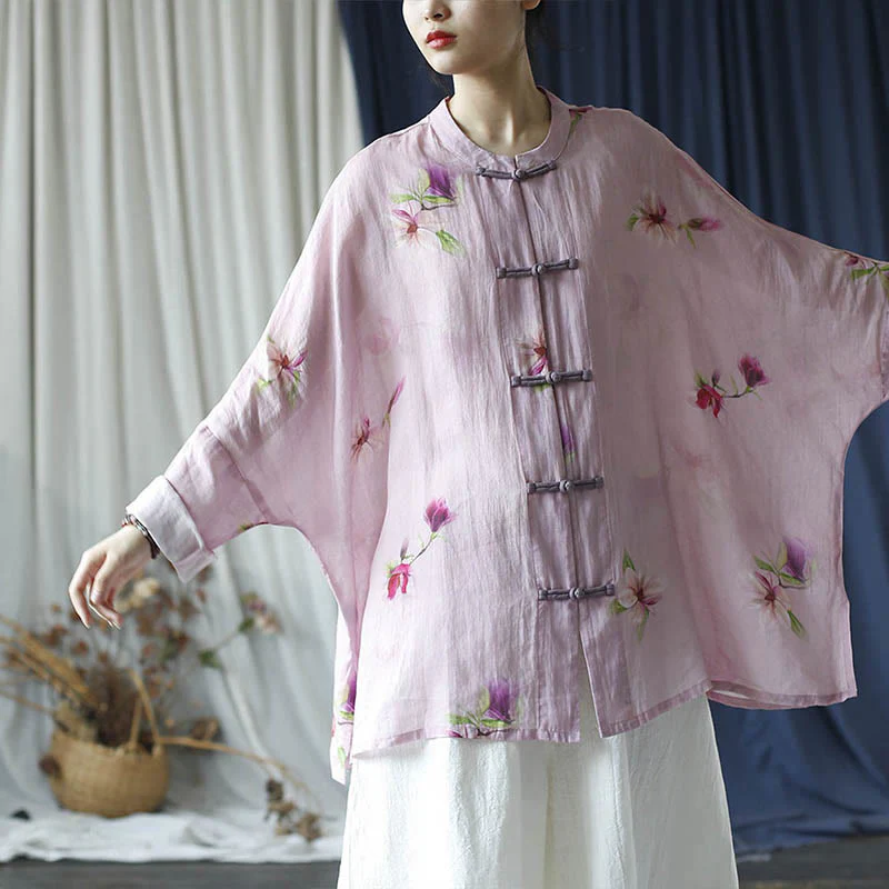 Camicia da giacca in lino ramiè a maniche lunghe con stampa a fiori rosa Buddha Stones Frog-button Design Batwing - Image 23