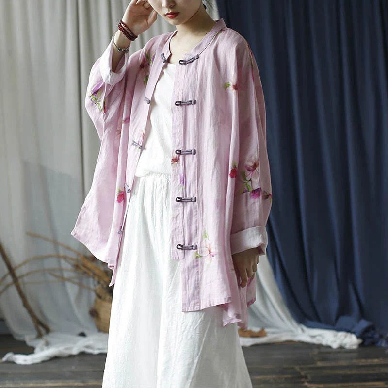 Camicia da giacca in lino ramiè a maniche lunghe con stampa a fiori rosa Buddha Stones Frog-button Design Batwing - Image 24