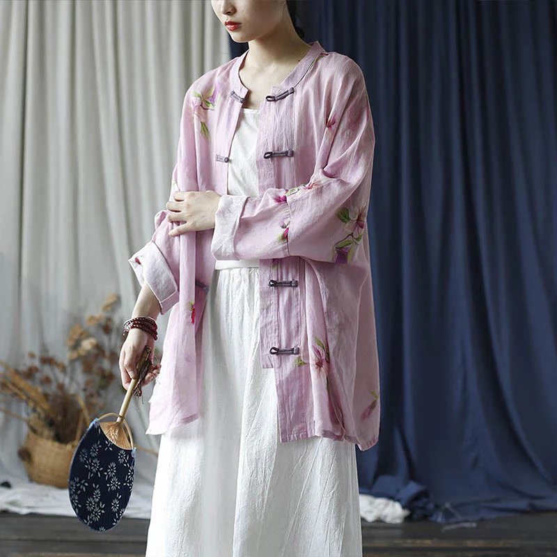 Camicia da giacca in lino ramiè a maniche lunghe con stampa a fiori rosa Buddha Stones Frog-button Design Batwing - Image 25