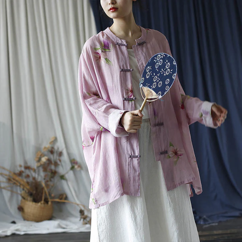 Camicia da giacca in lino ramiè a maniche lunghe con stampa a fiori rosa Buddha Stones Frog-button Design Batwing - Image 26