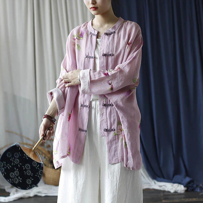 Camicia da giacca in lino ramiè a maniche lunghe con stampa a fiori rosa Buddha Stones Frog-button Design Batwing - Image 27