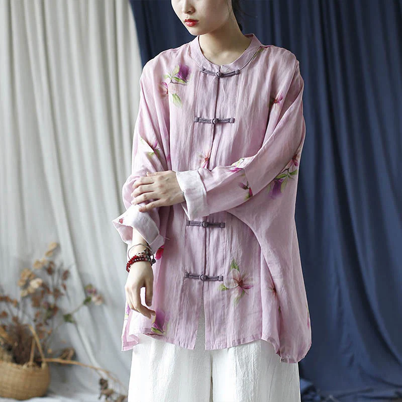 Camicia da giacca in lino ramiè a maniche lunghe con stampa a fiori rosa Buddha Stones Frog-button Design Batwing - Image 28