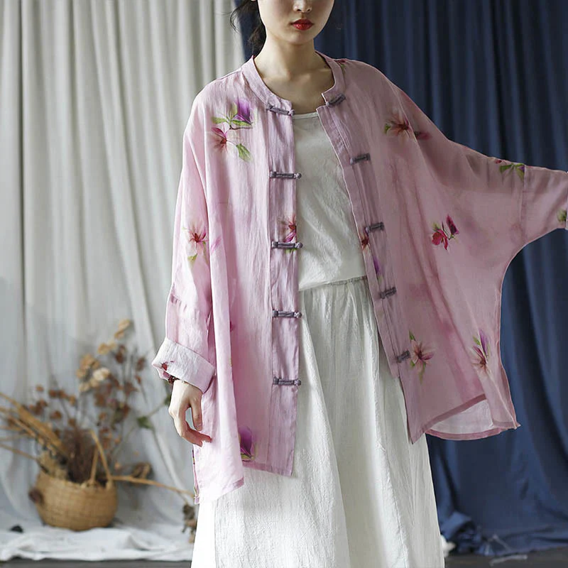 Camicia da giacca in lino ramiè a maniche lunghe con stampa a fiori rosa Buddha Stones Frog-button Design Batwing - Image 29