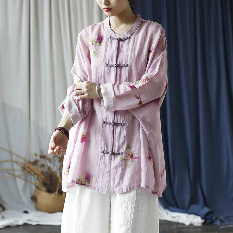 Camicia da giacca in lino ramiè a maniche lunghe con stampa a fiori rosa Buddha Stones Frog-button Design Batwing - Image 31