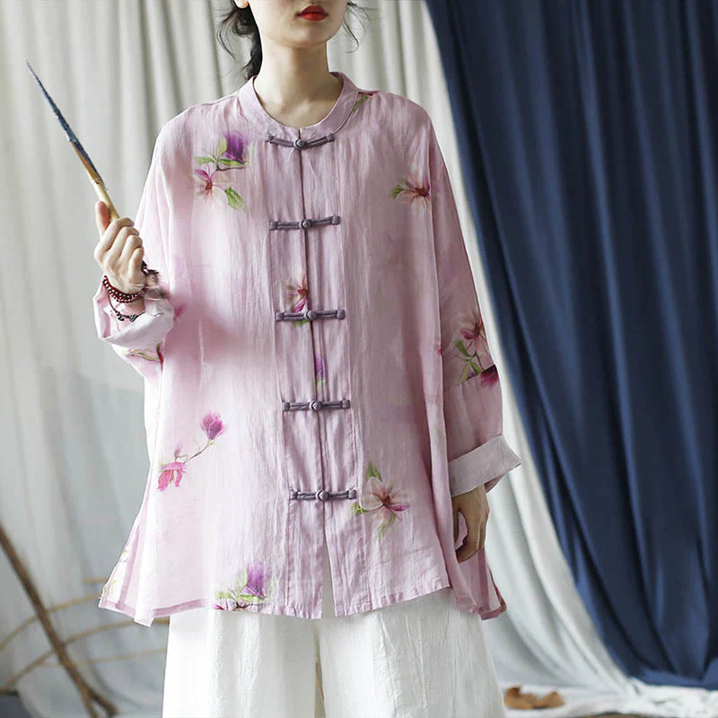 Camicia da giacca in lino ramiè a maniche lunghe con stampa a fiori rosa Buddha Stones Frog-button Design Batwing - Image 32