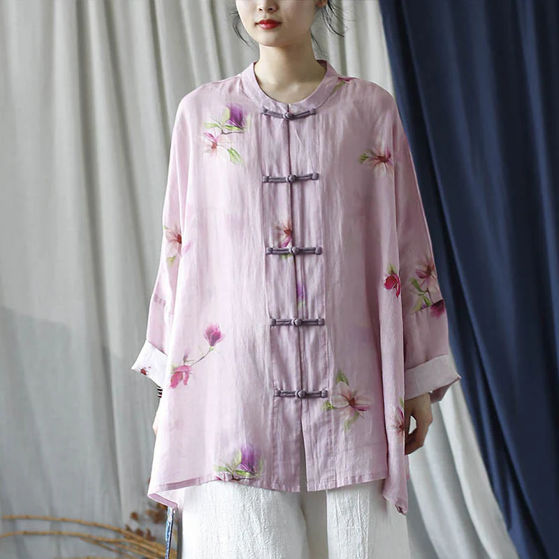 Camicia da giacca in lino ramiè a maniche lunghe con stampa a fiori rosa Buddha Stones Frog-button Design Batwing - Image 34