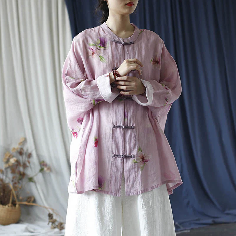 Camicia da giacca in lino ramiè a maniche lunghe con stampa a fiori rosa Buddha Stones Frog-button Design Batwing - Image 35