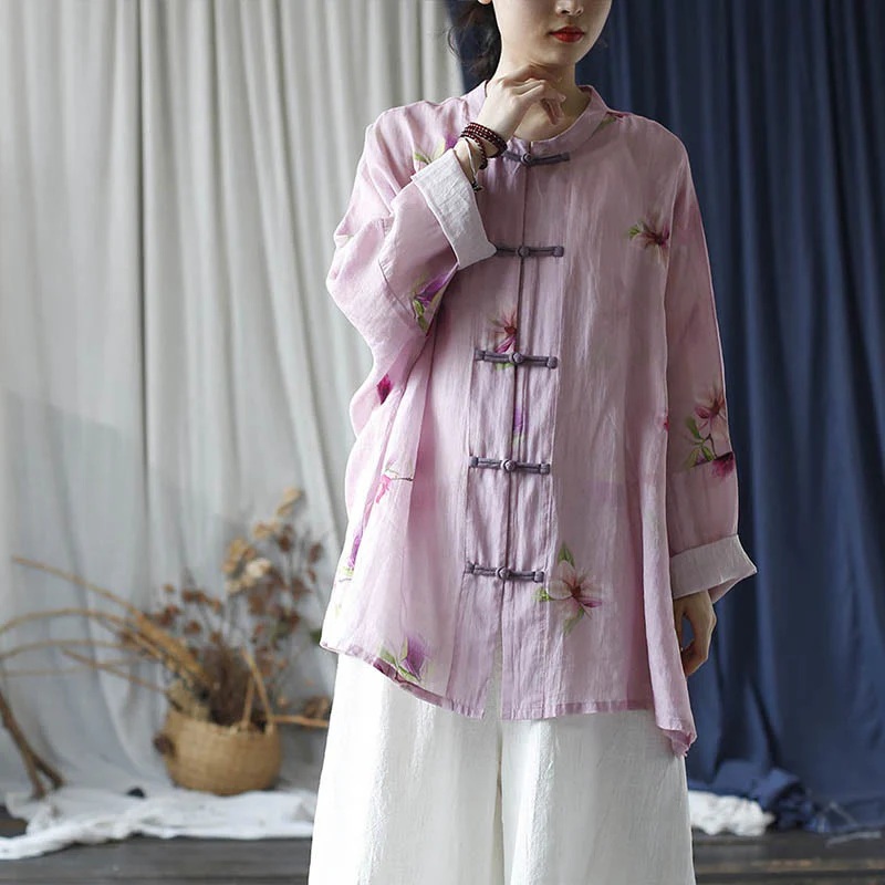 Camicia da giacca in lino ramiè a maniche lunghe con stampa a fiori rosa Buddha Stones Frog-button Design Batwing - Image 37